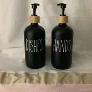 Black Glass Soap Dispensers with Bamboo Pump Dishes Hands 10.8 oz